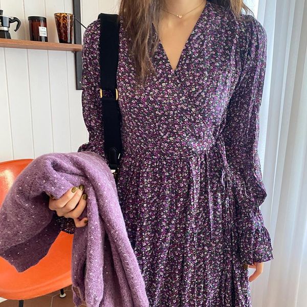 

midi floral pleated dress women chiffon v neck long sleeve spring red korean retro purple vestido ladies dresses ropa mujer, Black;gray