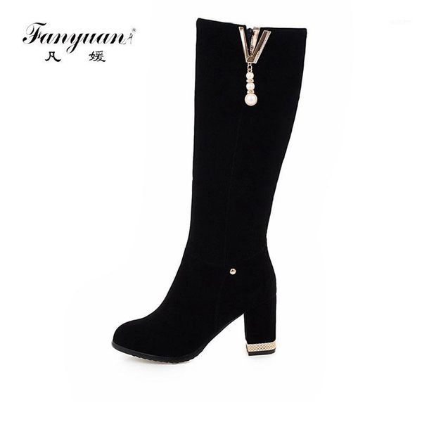 

boots fanyuan women side zipper comfortable square heel knee high fashion toe keep warm winter long boots1, Black