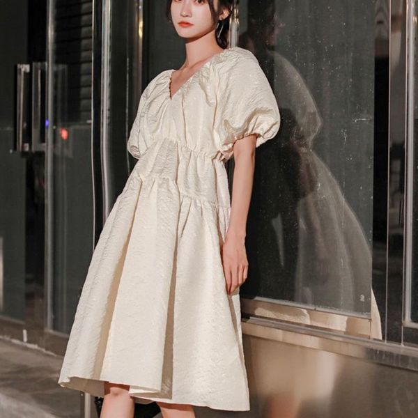 

party dresses [ewq] 2021 autumn puff sleeve women modern lady v-neck simple trend ladies dress loose robe 16q47400, White;black
