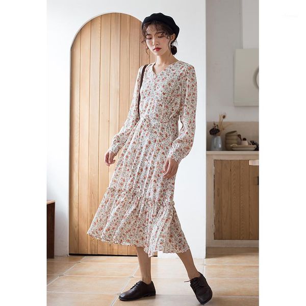

coigarsam vintage full sleeve women dress new floral print dresses blue apricot 26471, Black;gray