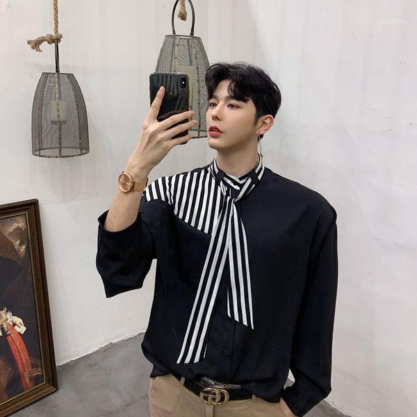 

ewq / men's wear 2020 autumn clothes striped patchwork tie collar loose men's long sleeve shirt niche design for male y33381, White;black