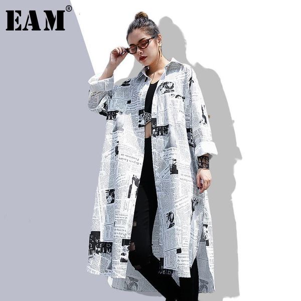 

eam] 2021new spring autumn lapel long sleeve white printed loose irregular big size long shirt women fashion tide jf008