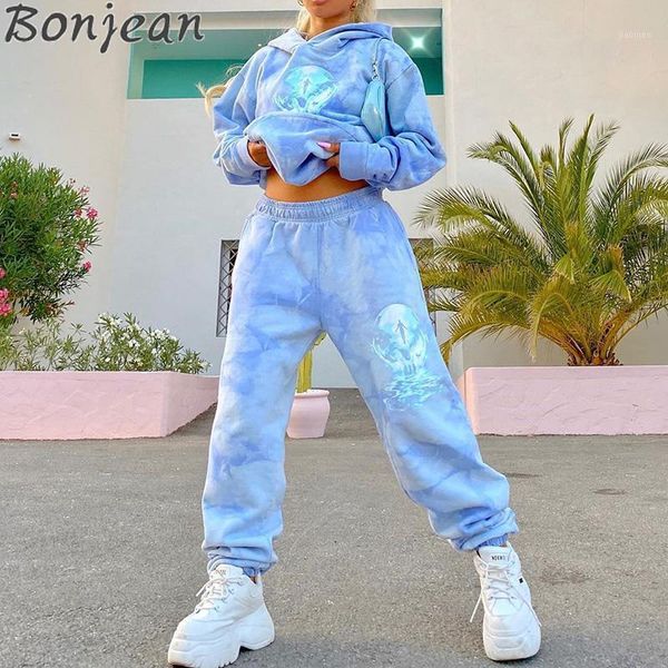 

bonjean fall winter 2020 tie dye hoodie 2 two piece matching set fashion sweatshirt pants clothes for women sweat suits outfits1, Gray