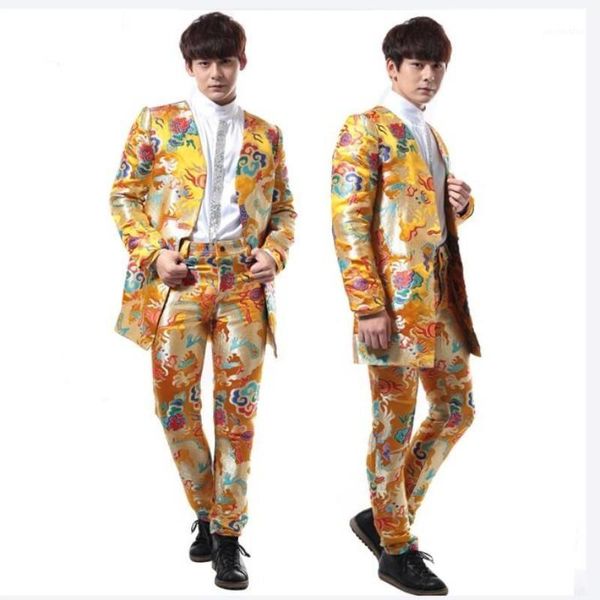 

chinese style suits men wedding dress fashion clothes vintage costume embroidery robes coat singerperformance1, White;black