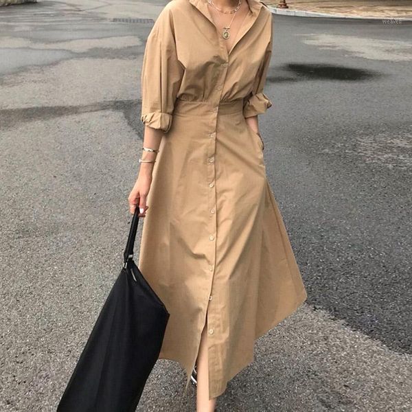 

spring autumn elegant vintage lapel long sleeve shirt dress women robe chemise femme office vestidos largos moda mujer 2020 new1, Black;gray