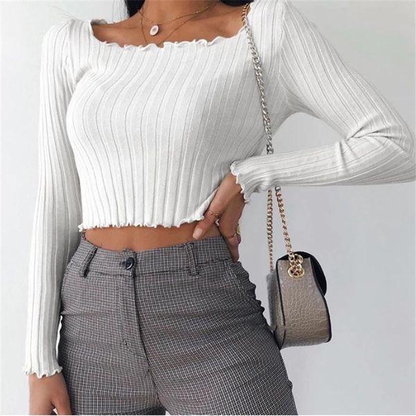 

spring t shirt women long sleeve t-shirt crop 2020 fashion lady knitted solid short t-shirt, White