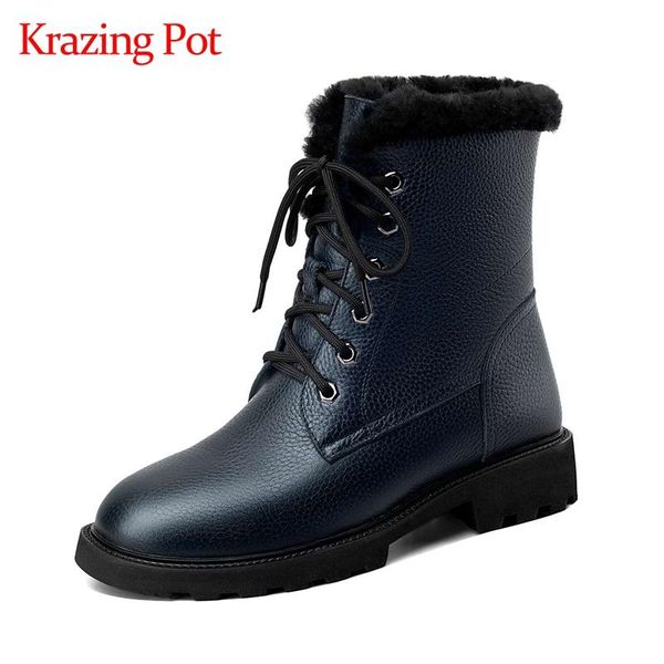 

krazing pot genuine leather round toe med heel snow boots winter new arrival keep warm handmade ankle boots l0f1, Black