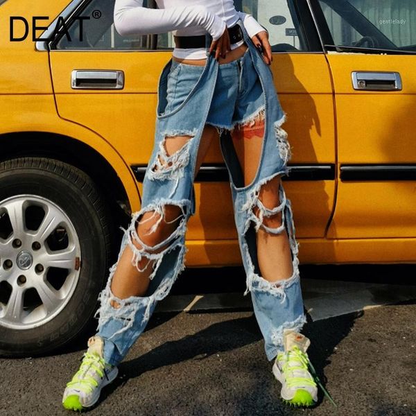 

women's jeans [deat] 2021 spring fast delivery women denim design waist belt beggar in leggings hole high street clothes ap2551, Blue