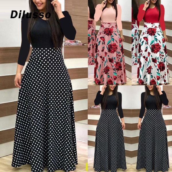 

fashion women long sleeve dresses floral boho print long maxi dress ladies casual dress casual autumn winter ladies a-line, Black;gray