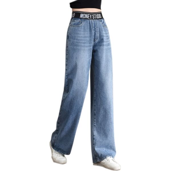 

spring loose high waist wide leg jeans for women stretch vintage full-length loose boyfriend pants trousers elastic high waist 201029, Blue