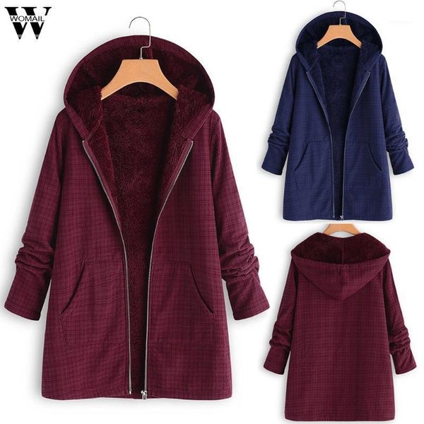 

womail female jacket plaid plush coat women's winter warm outwear floral print hooded pockets vintage oversize casual coats o221, Black;brown
