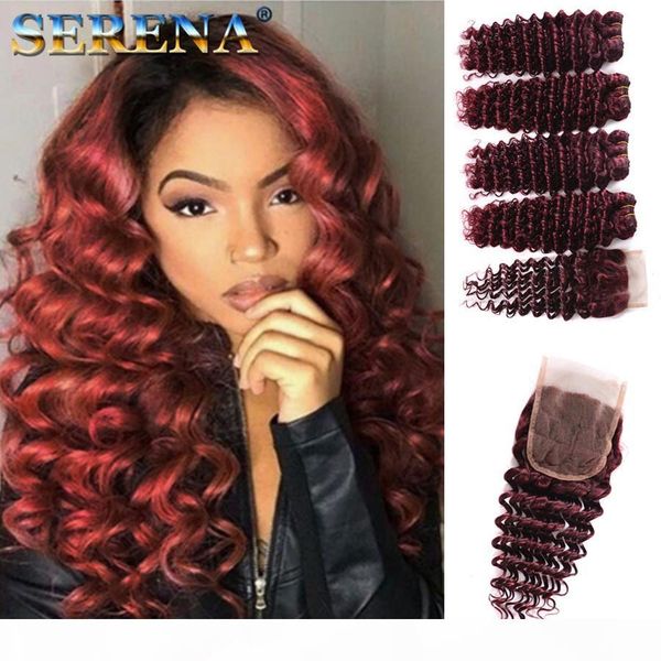 

brazilian 99j human hair weaves 100% human hair extensions deep wave deep curly wine red 4 bundles burgundy hair with closure weaves closure, Black;brown