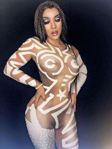 

style white rhinestones stretch printing rompers women's jumpsuit outfit dance bodysuit nightclub costume singer wear