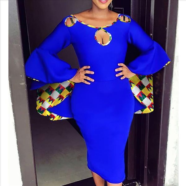

blue dresses hollow out printed long sleeves ruffle party bodycon event occasion african women celebrate modest spring fashion, Black;gray