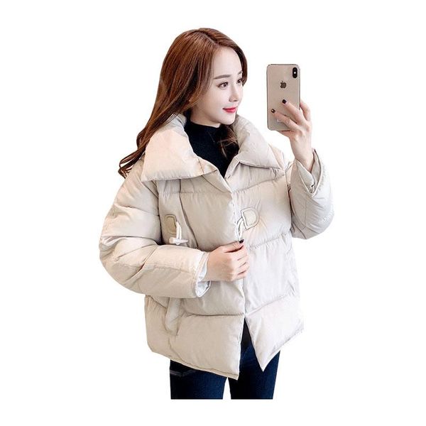 

women's short winter big pocket lapels windproof down jacket oversized cotton pad coat, Black
