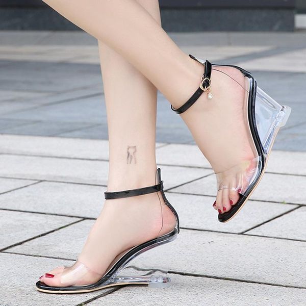 

sandals fashion shoes large size high-heeled 8cm transparent pumping wedge pvc catwalk daily women, Black