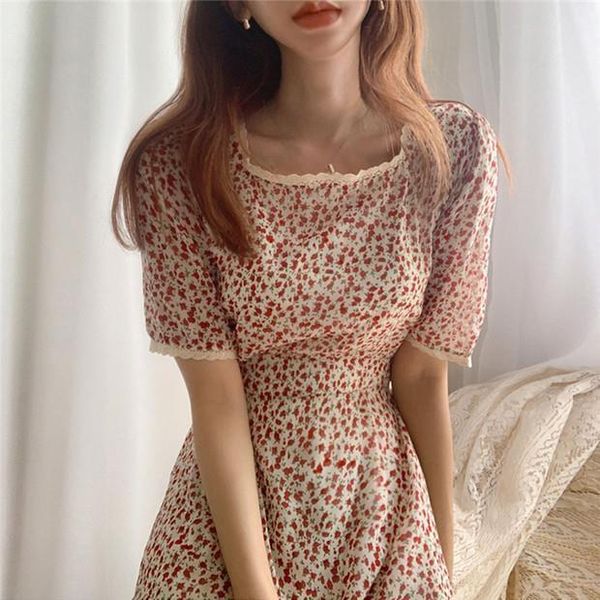 

2021 summer square collar short sleeve elegant dress lace patchwork floral print a line new vestidos vintage robe femme, Black;gray
