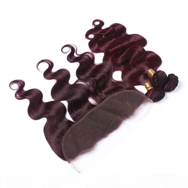 

unprocessed mongolian wine red 3bundles with ear to ear full lace frontal 13x4 body wave #99j burgundy red human hair weaves with frontals, Black;brown