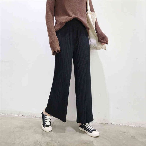 

women's leggings autumn fashion loose tube thin pleated wide leg nine point elastic waist women's blended casual pants, Black