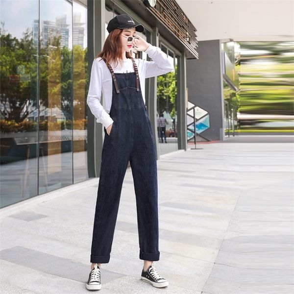 

harajuku loose casual denim jumpsuits women vintage washed ripped pockets high waist rompers female leisure streetwear overalls t200701, Black;white