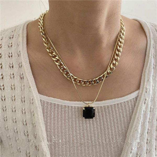 

aomu punk fashion vintage geometric double layer black square rhinestone pendant long thick clavicle chain necklace for women, Silver