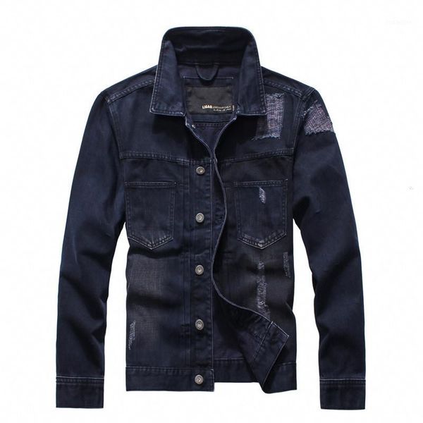 

kimsere fashion men's ripped jean jacket with holes hi street destroyed denim trucker jacket outerwear clothing patchwork1, Black;brown