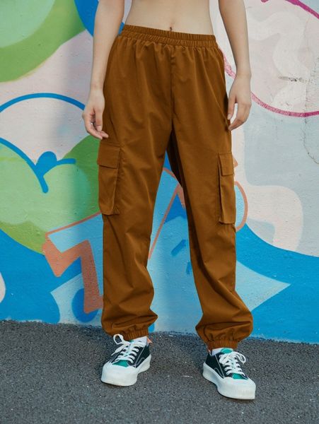 

romwe flap pocket cargo pants d9af#, Black;white