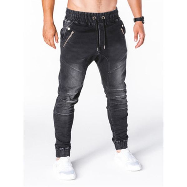 

mens solid color skinny jeans fashion trend elasticity sports denim pencil pants spring male new drawstring washed casual slim sweatpants, Blue