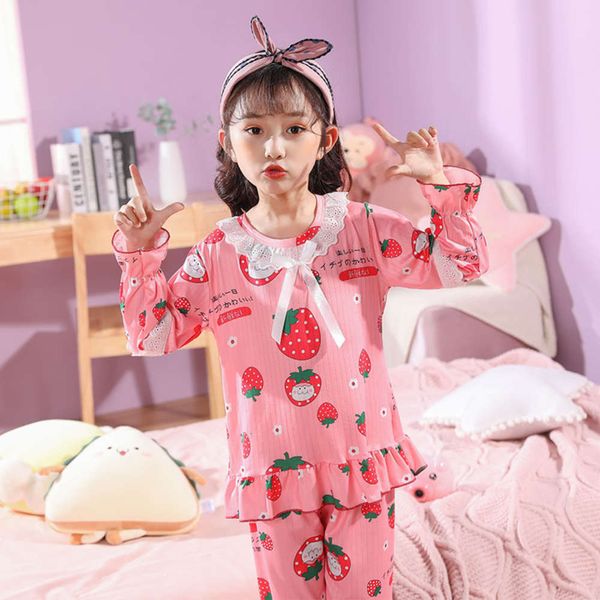 

new spring and autumn milk 2021 silk long sve baby collar cute cartoon girl's pajamas set for children, Blue;red