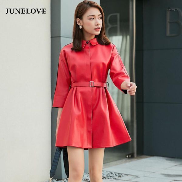 

pu leather coat women spring 2020 new women's leather jacket long slim motorcycle clothing woman outerwear black red1