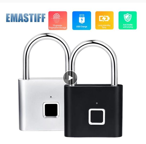 

black silver keyless usb rechargeable door lock fingerprint smart padlock quick unlock zinc alloy metal self developing chip