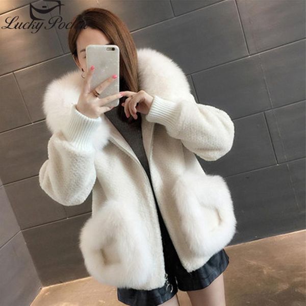 

women winter solid color short thick casual fur coat ladies fashion loose plus size big pocket purple with cap plush coat zy115, Black