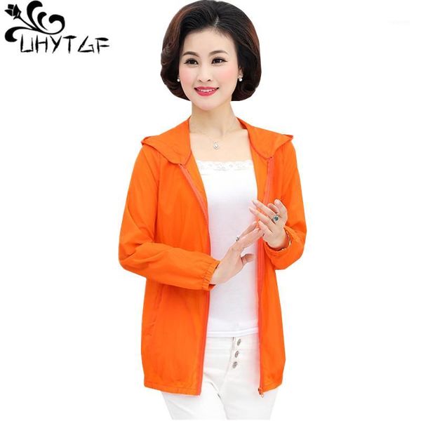 

uhytgf elegant mom summer coat hooded breathable outdoor sun protection clothing casual woman thin 5xlplus size jacket 16611, Black;brown