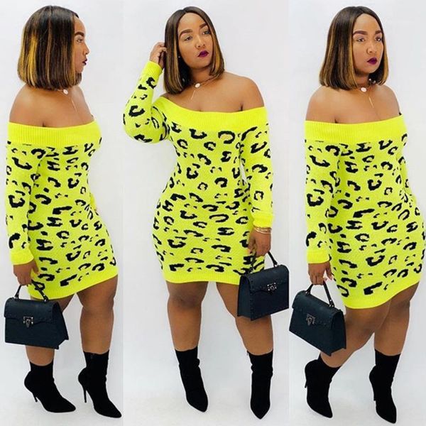 

plus size off shoulder bodycon dress for women long sleeve leopard printed slash neck elegant bandage mini party dress vestidos1, Black;gray