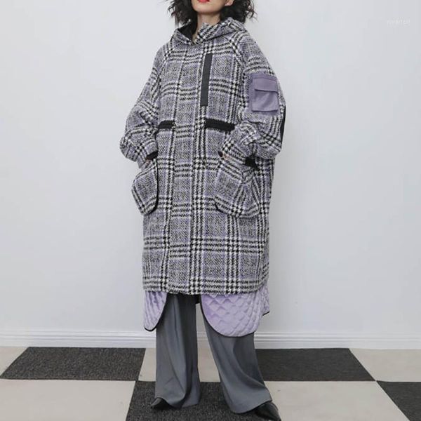 

seebeautiful new fashion 2020 spring plaid hooded long sleeve removable inner tank thick warm loose coat overcoat women q7211, Black