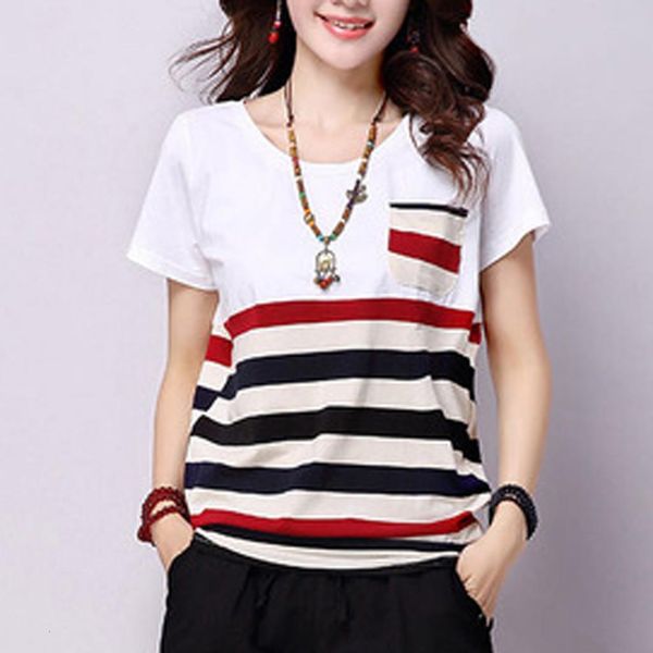

women loose plus size t-shirt polyester striped o-neck short-sleeved pocket casual summer camiseta mujer female t-shirt, White