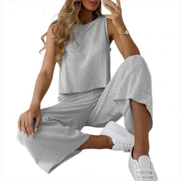 

two piece sets women cotton linen o-neck sleeveless shirt and wide leg pants suit ladies solid casual outfits, White