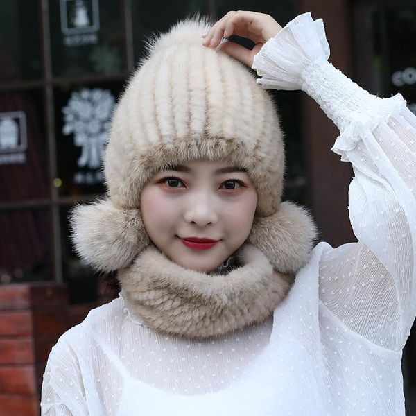 

hats, scarves & gloves sets mink hat lady winter neck wrap warm ear protector fur scarf korean version of wool, Blue;gray