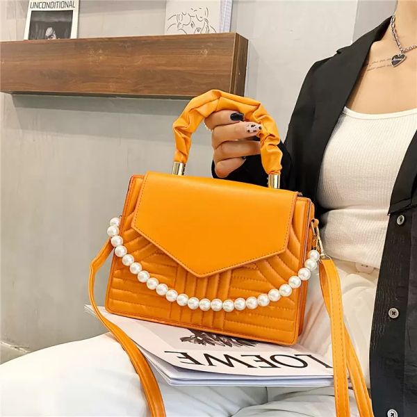 

summer simple small square bag 2021 retro personality pearl handbag european and american fashion shoulder slung handbag