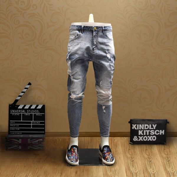 

mens skinny patchwork ripped jeans streetwear light blue ankle-length pants for cowboys men c1123