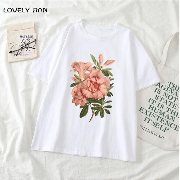 

women's t-shirt chinese style flowers print t-shirts white beautiful peony rose short sleeve casual o-neck girls simple tees summer