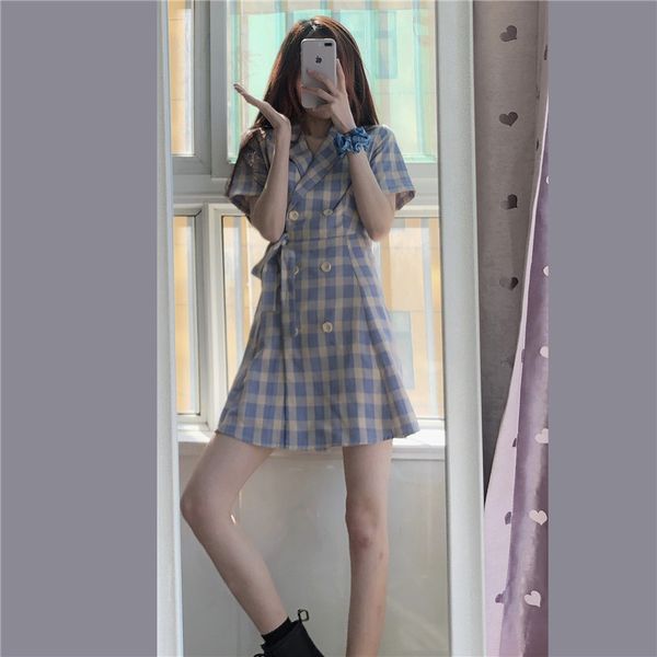 

2021 new mode summer korean style midi temper high thin waist suit plaid collar short to-character button dress uqw3, Black;gray