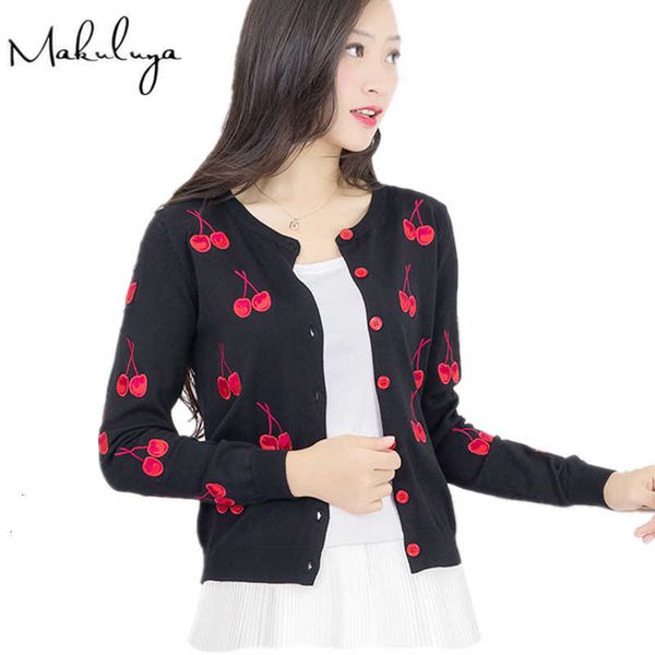 

makuluya autumn spring women sweater cherry embroidery pattern jacket coat long sleeve vintage allmatch knitting cardigan l6 sh190912, White;black
