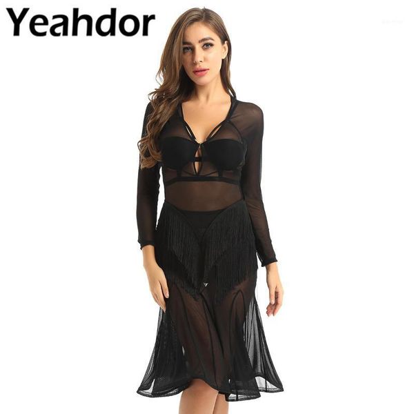 

women adults see through sheer mesh v neck long sleeves tassel flared latin dance dress performance competition dance costume1, Black;red
