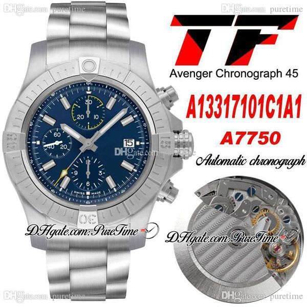 TF 45 mm A13317101C1A1 ETA A7750 Automatik-Chronograph Herrenuhr, blaues gelbes Zifferblatt, weiße Strichmarkierungen, Edelstahlarmband, Stoppuhr, Uhren, Puretime A1