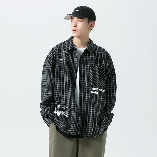 

2021 new casual spring autumn plaid shirt men long sleeve punk japan style streetwear plus size m-5xl clothes va3e, White;black