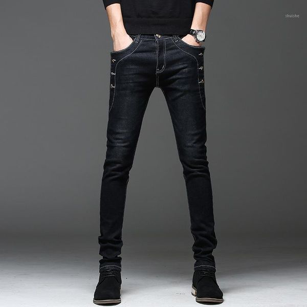 

new men's jeans cool solid color slim long denim casual pants men's black tight feet trousers street clothing jeans1, Blue