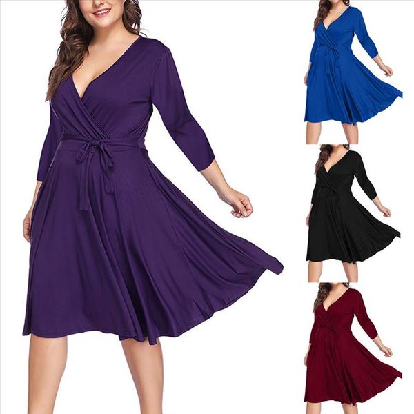 

autumn dress womens plus size 5xl casual v neck solid seven quarter sleeve sashes fashion high waist dress hip, Black;gray