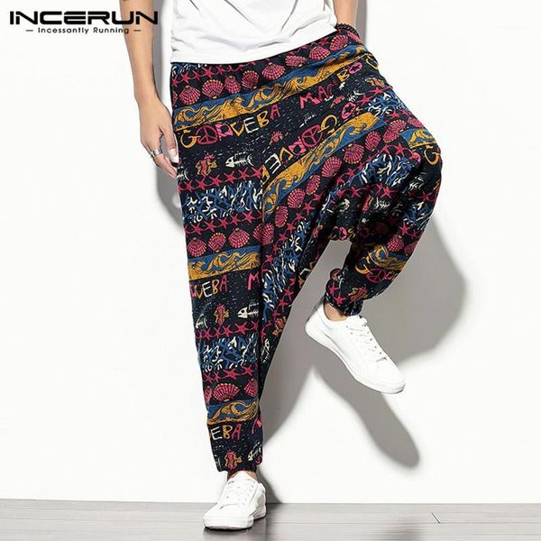 

men harem pants printed elastic waist joggers vintage streetwear baggy drop-crotch trousers men casual wide leg pants incerun 71, Black