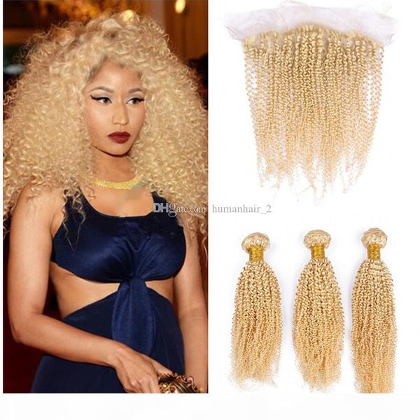 

#613 kinky blonde human hair and lace frontal 13*4 unprocessed hair afro kinky curly hair bundles with ear to ear lace frontal closure, Black;brown
